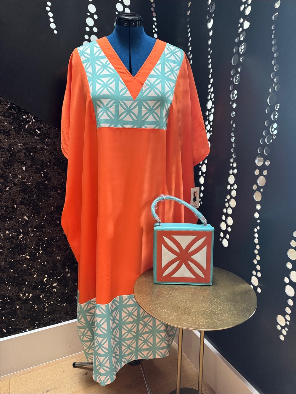 The Oblong Box Shop Orange Kaftan with Aqua Geometric Trim - One Size